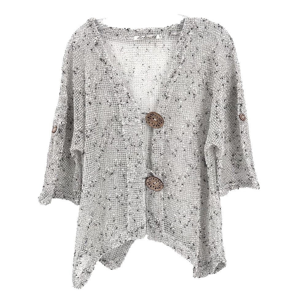 LULU-B Women's L White/Black Speckles V-Neck Open-Weave Mesh 1/2-Sleeve Cardigan